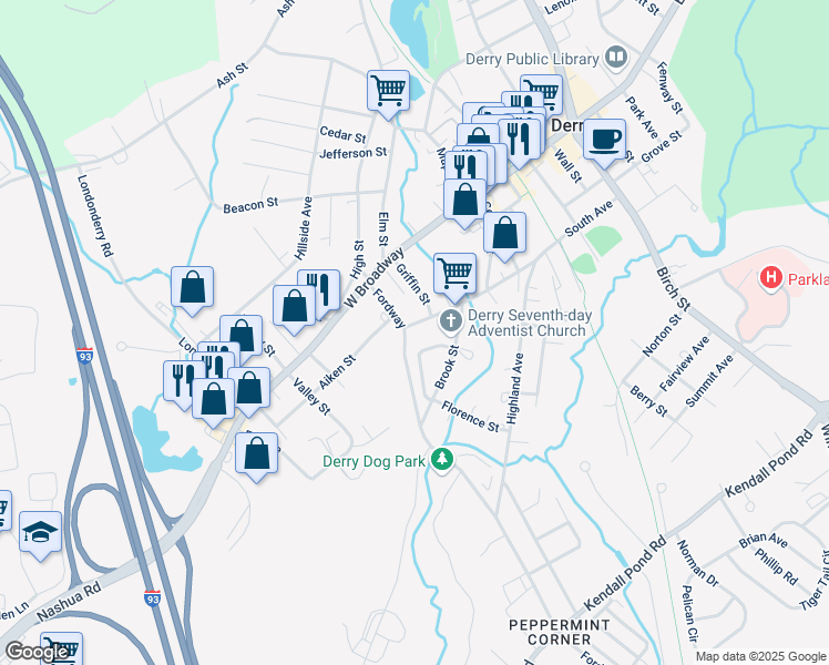 map of restaurants, bars, coffee shops, grocery stores, and more near 15 Fordway in Derry