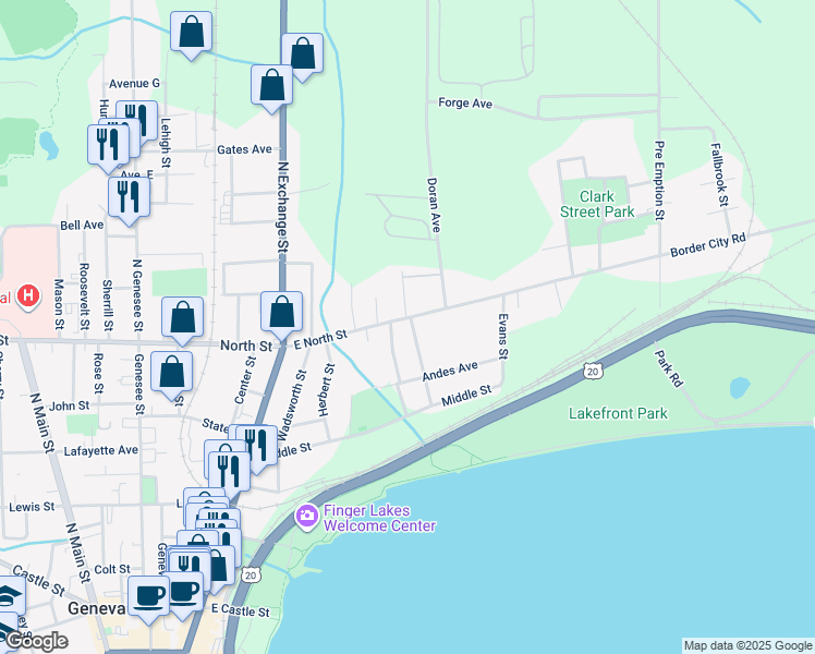 map of restaurants, bars, coffee shops, grocery stores, and more near 86 East North Street in Geneva