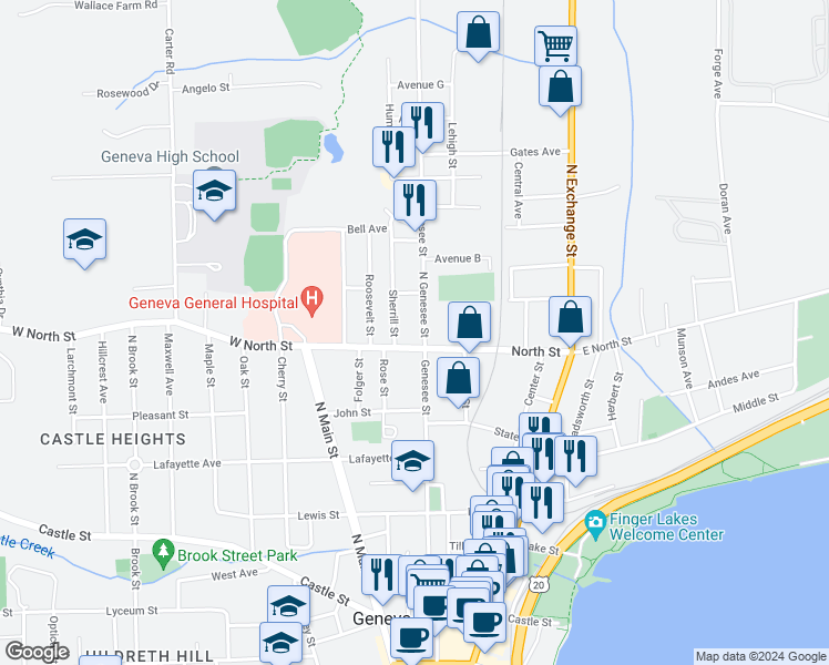 map of restaurants, bars, coffee shops, grocery stores, and more near 7 North Genesee Street in Geneva