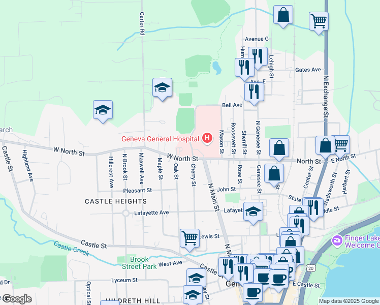 map of restaurants, bars, coffee shops, grocery stores, and more near 237 West North Street in Geneva