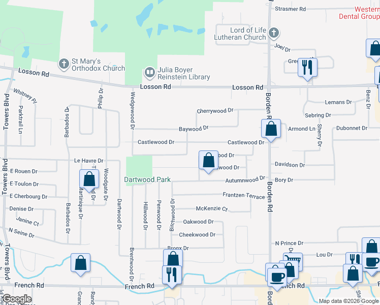 map of restaurants, bars, coffee shops, grocery stores, and more near 103 Knollwood Drive in Buffalo