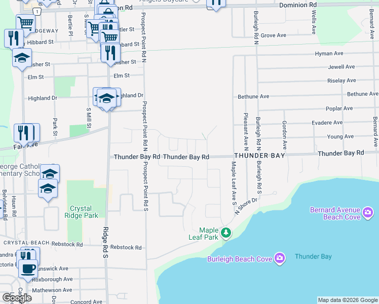 map of restaurants, bars, coffee shops, grocery stores, and more near 12 Sassafras Row in Fort Erie