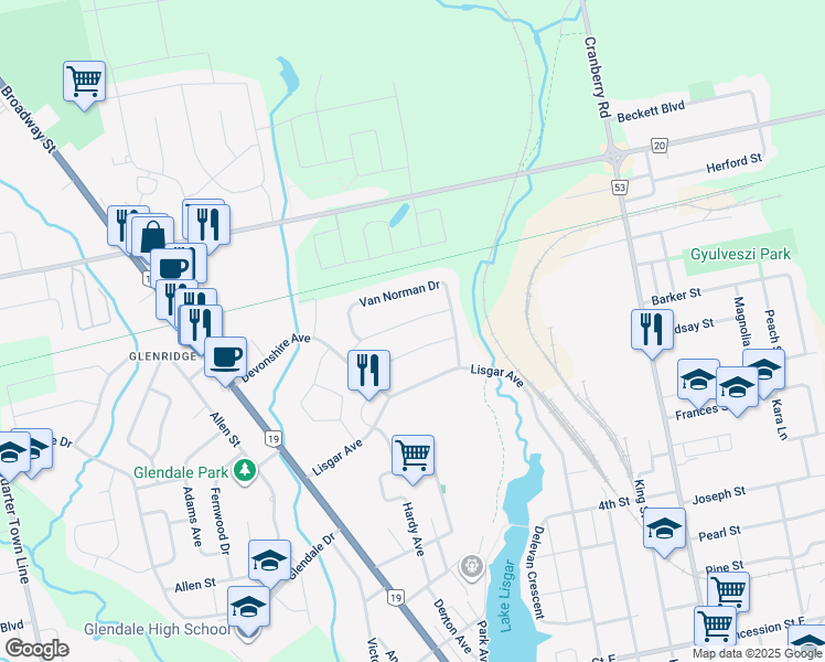 map of restaurants, bars, coffee shops, grocery stores, and more near 21 Centennial Avenue in Tillsonburg