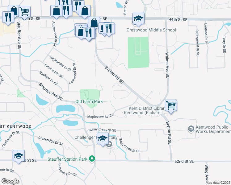 map of restaurants, bars, coffee shops, grocery stores, and more near 2588 Bridgeport Lane Southeast in Kentwood