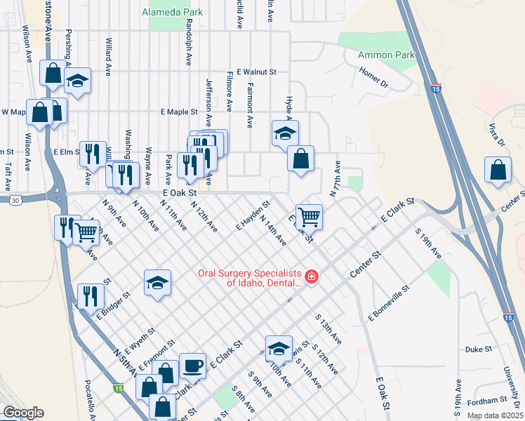 map of restaurants, bars, coffee shops, grocery stores, and more near 1505 East Hayden Street in Pocatello