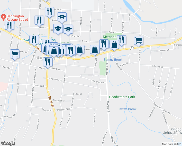 map of restaurants, bars, coffee shops, grocery stores, and more near 8 Hamlin Avenue in Bennington