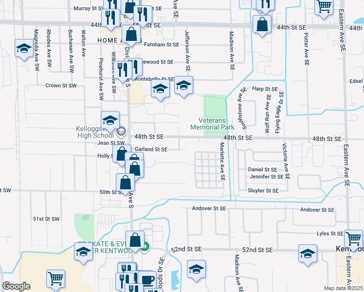 map of restaurants, bars, coffee shops, grocery stores, and more near 205 Garland Street Southeast in Kentwood