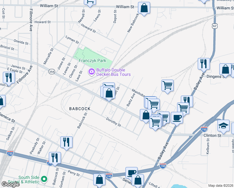 map of restaurants, bars, coffee shops, grocery stores, and more near 127 Gilbert Street in Buffalo