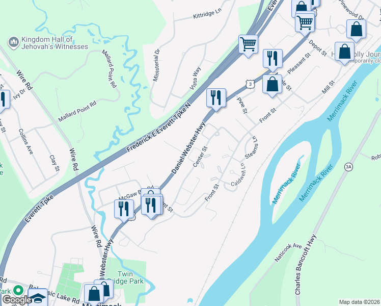 map of restaurants, bars, coffee shops, grocery stores, and more near 98 London Court in Merrimack