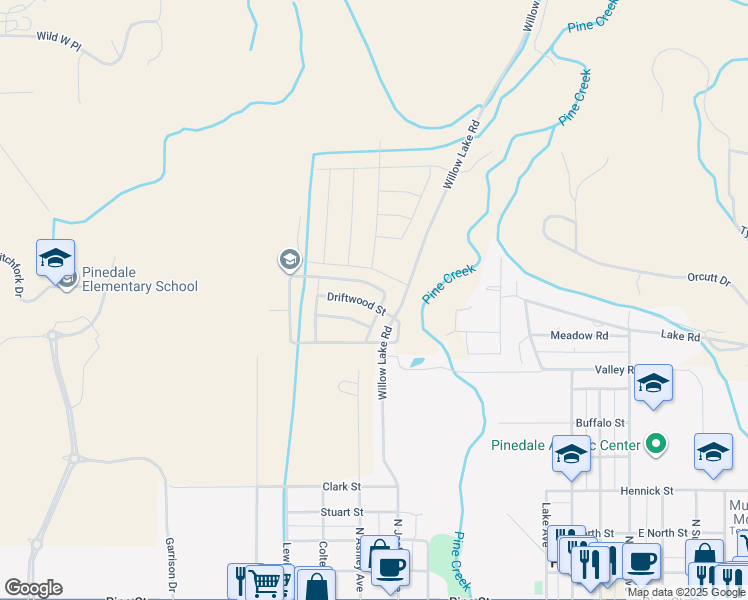 map of restaurants, bars, coffee shops, grocery stores, and more near 815 Driftwood Street in Pinedale