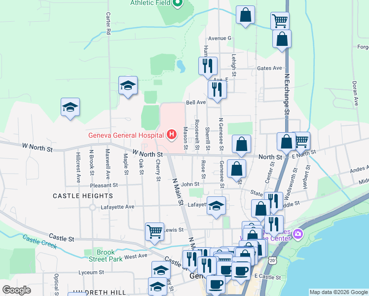 map of restaurants, bars, coffee shops, grocery stores, and more near 1 Mason Street in Geneva