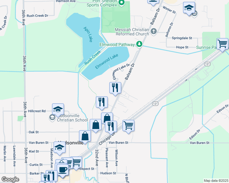 map of restaurants, bars, coffee shops, grocery stores, and more near 5875 Balsam Drive in Hudsonville