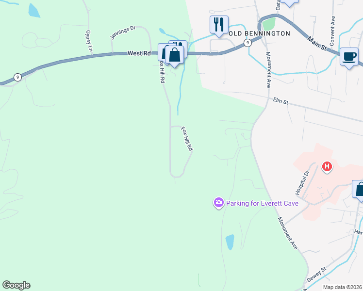 map of restaurants, bars, coffee shops, grocery stores, and more near 418 Fox Hill Road in Bennington County