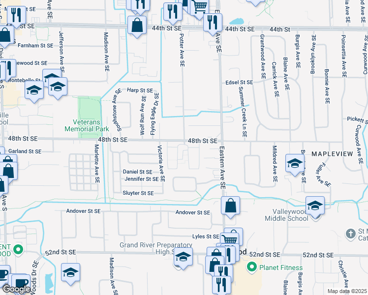 map of restaurants, bars, coffee shops, grocery stores, and more near 4804 Arbor Lane Southeast in Kentwood