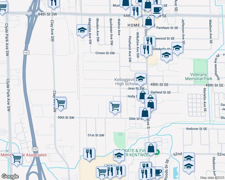 map of restaurants, bars, coffee shops, grocery stores, and more near 160 Jean Street Southwest in Grand Rapids