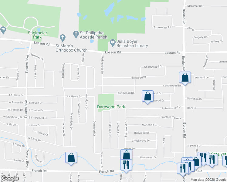 map of restaurants, bars, coffee shops, grocery stores, and more near 32 Knollwood Drive in Buffalo