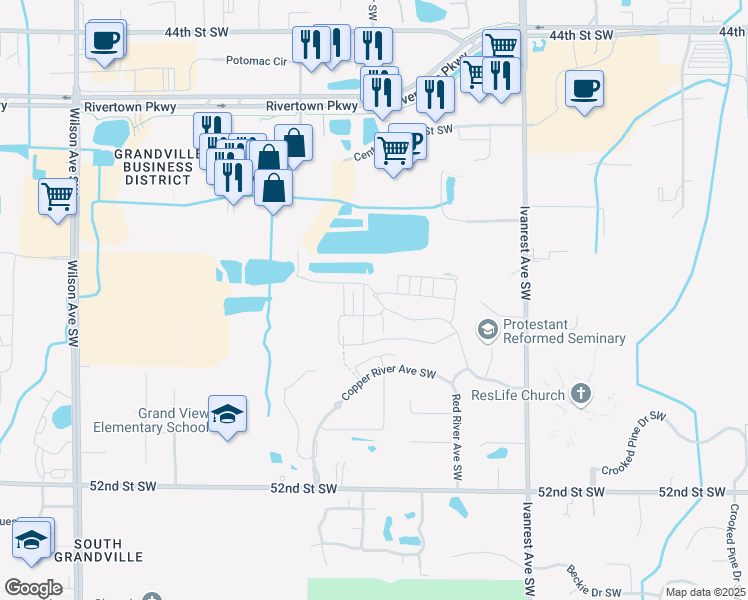 map of restaurants, bars, coffee shops, grocery stores, and more near 3518 River Run Street in Wyoming