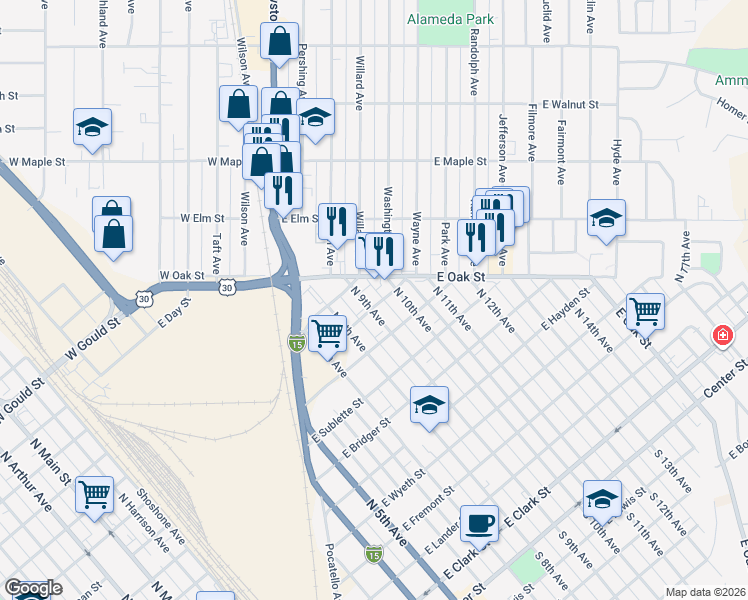 map of restaurants, bars, coffee shops, grocery stores, and more near 1018 North 9th Avenue in Pocatello
