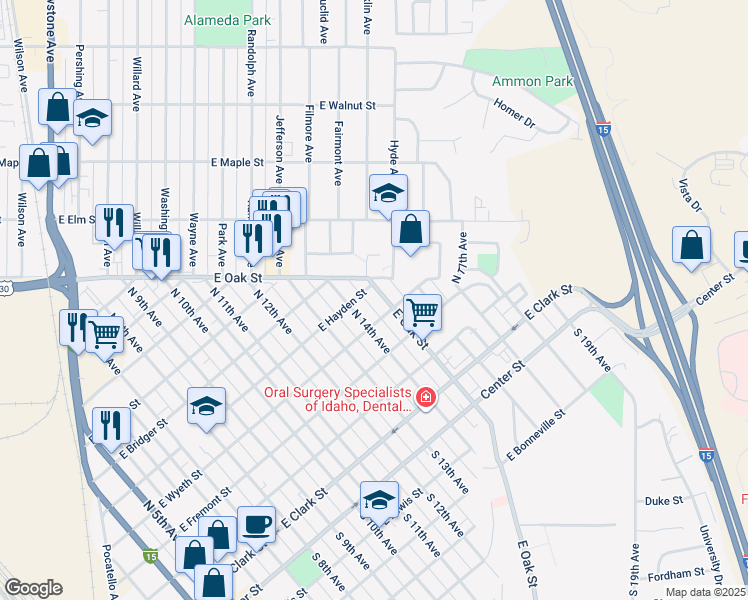 map of restaurants, bars, coffee shops, grocery stores, and more near 1554 East Wyeth Street in Pocatello