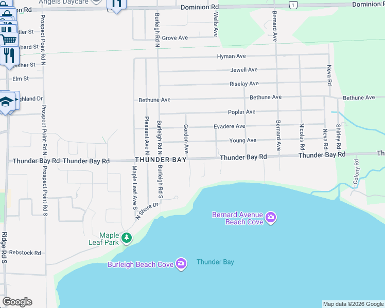 map of restaurants, bars, coffee shops, grocery stores, and more near 3270 Thunder Bay Road in Fort Erie