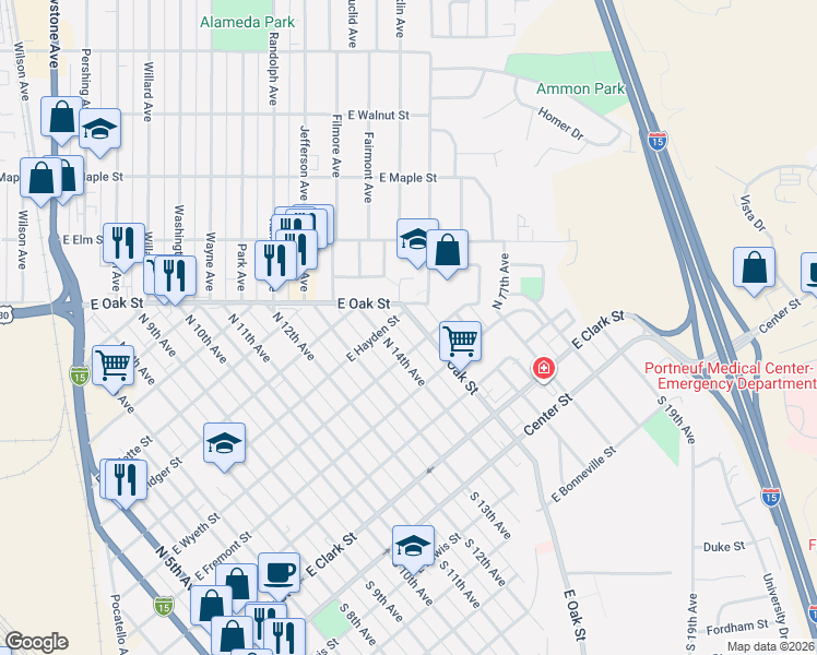 map of restaurants, bars, coffee shops, grocery stores, and more near 1554 East Wyeth Street in Pocatello