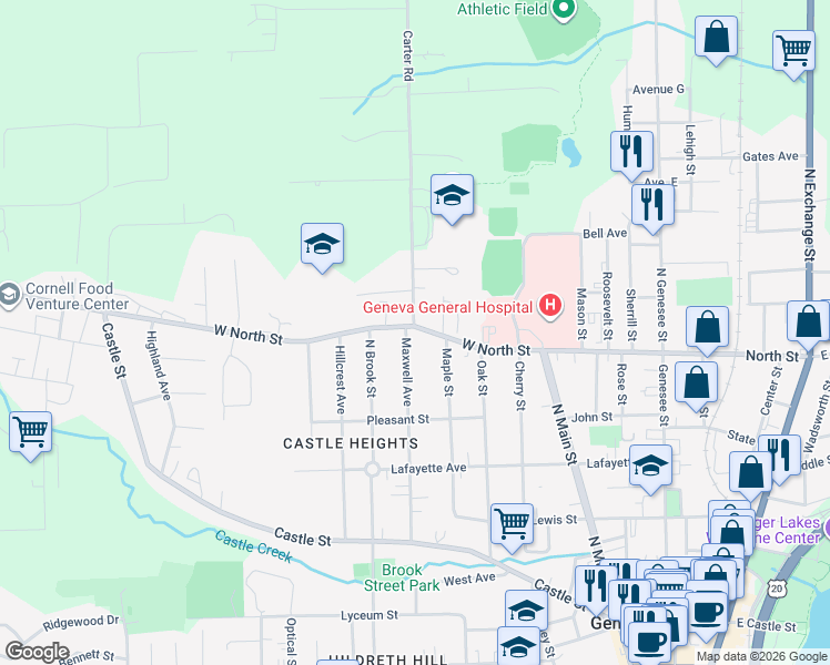 map of restaurants, bars, coffee shops, grocery stores, and more near 7 Maxwell Avenue in Geneva