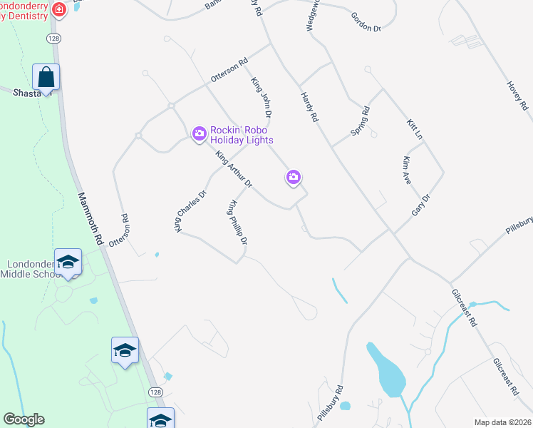 map of restaurants, bars, coffee shops, grocery stores, and more near 3 King Arthur Drive in Londonderry