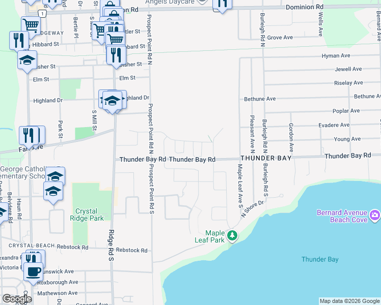 map of restaurants, bars, coffee shops, grocery stores, and more near 9 Sassafras Row in Fort Erie