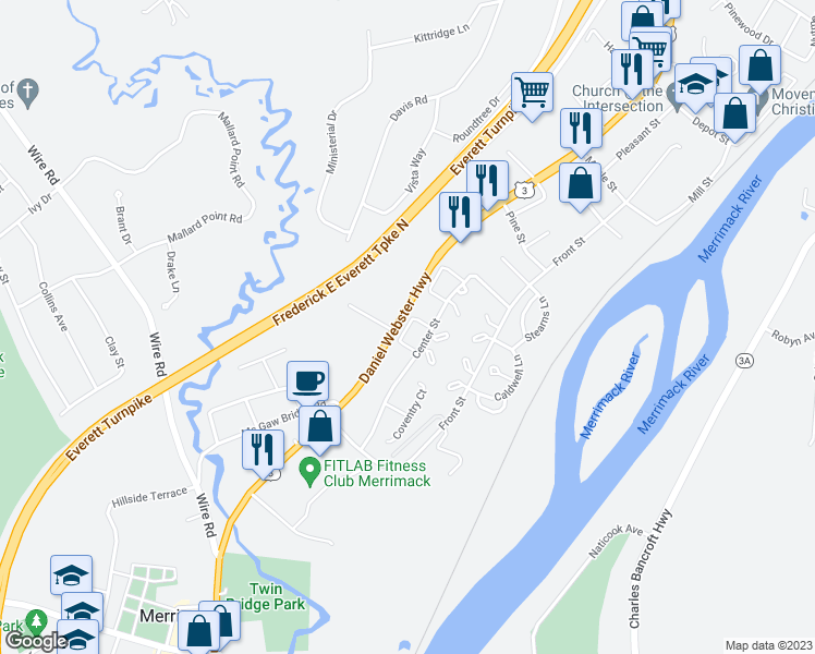 map of restaurants, bars, coffee shops, grocery stores, and more near 109 London Court in Merrimack