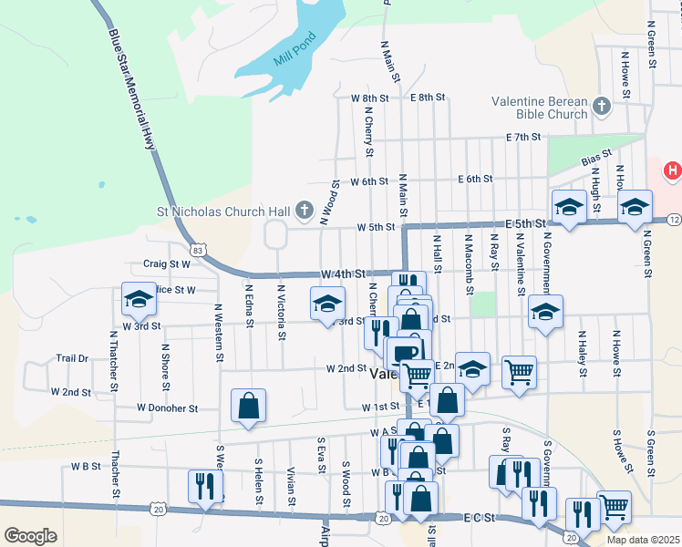 map of restaurants, bars, coffee shops, grocery stores, and more near 401 North Wood Street in Valentine