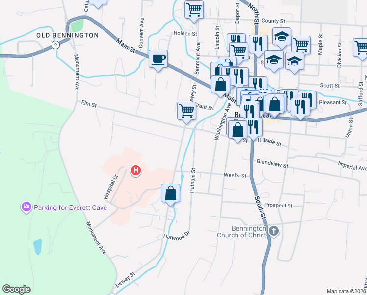 map of restaurants, bars, coffee shops, grocery stores, and more near 115 Putnam Street in Bennington