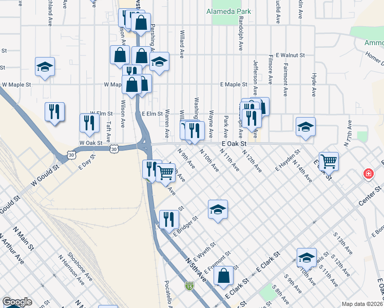 map of restaurants, bars, coffee shops, grocery stores, and more near 1018 North 9th Avenue in Pocatello