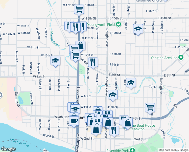 map of restaurants, bars, coffee shops, grocery stores, and more near 717 Walnut Street in Yankton