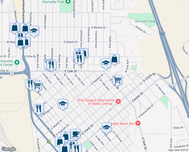map of restaurants, bars, coffee shops, grocery stores, and more near 634 North 13th Avenue in Pocatello