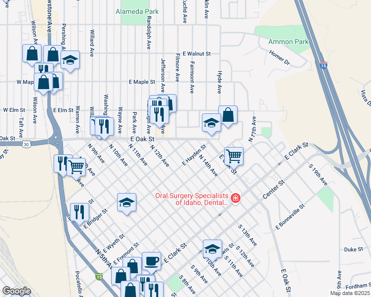 map of restaurants, bars, coffee shops, grocery stores, and more near 634 North 13th Avenue in Pocatello