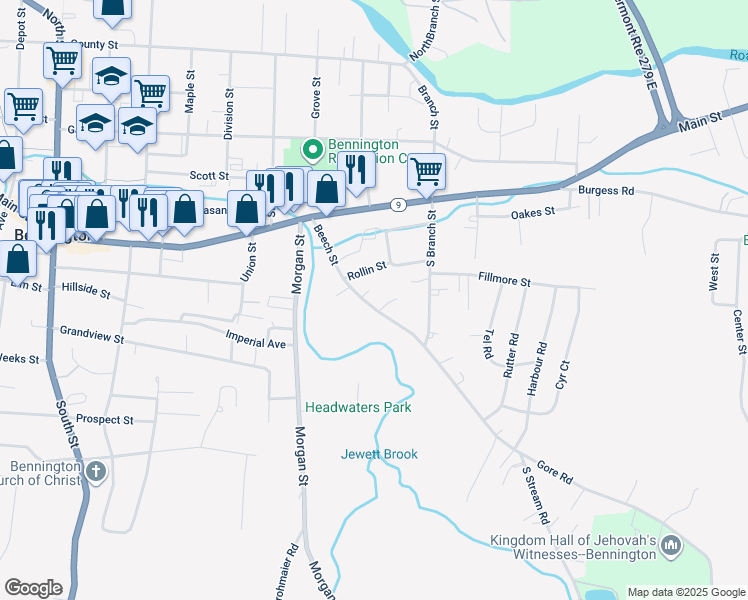map of restaurants, bars, coffee shops, grocery stores, and more near 211 Beech Street in Bennington