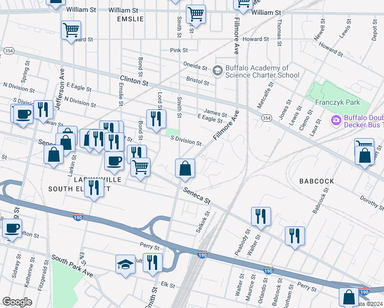 map of restaurants, bars, coffee shops, grocery stores, and more near 66 Fillmore Avenue in Buffalo