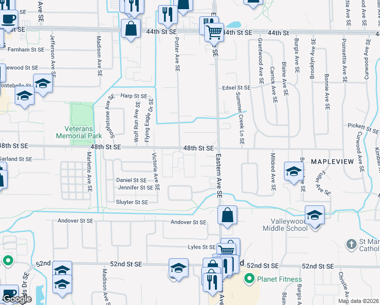 map of restaurants, bars, coffee shops, grocery stores, and more near 4804 Arbor Lane Southeast in Kentwood
