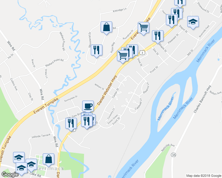 map of restaurants, bars, coffee shops, grocery stores, and more near 121 London Court in Merrimack