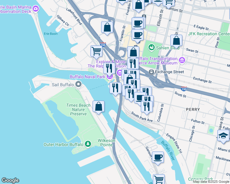 map of restaurants, bars, coffee shops, grocery stores, and more near 1 Marine Drive in Buffalo