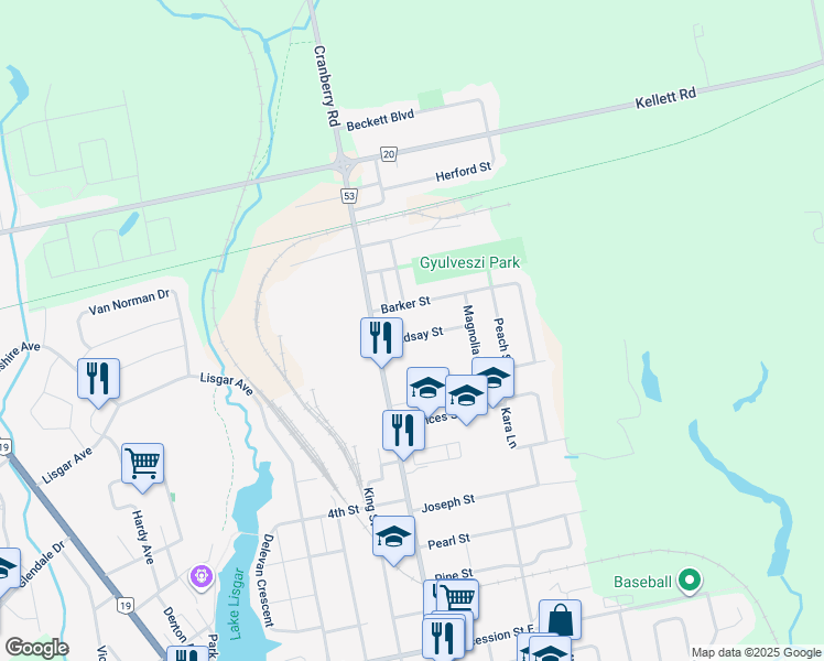map of restaurants, bars, coffee shops, grocery stores, and more near 12 Lindsay Street in Tillsonburg