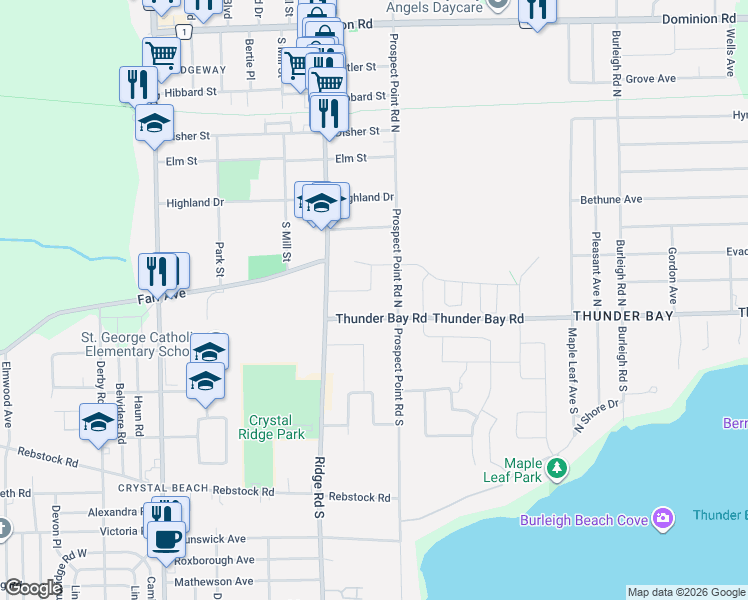 map of restaurants, bars, coffee shops, grocery stores, and more near 3610 Thunder Bay Road in Fort Erie