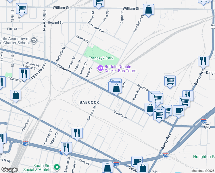 map of restaurants, bars, coffee shops, grocery stores, and more near 1234 Clinton Street in Buffalo