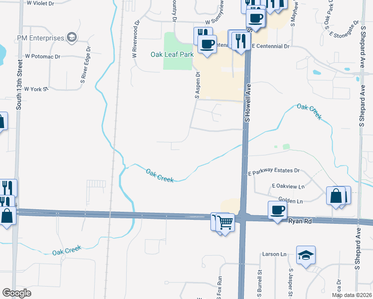 map of restaurants, bars, coffee shops, grocery stores, and more near 301 West Aspen Drive in Oak Creek