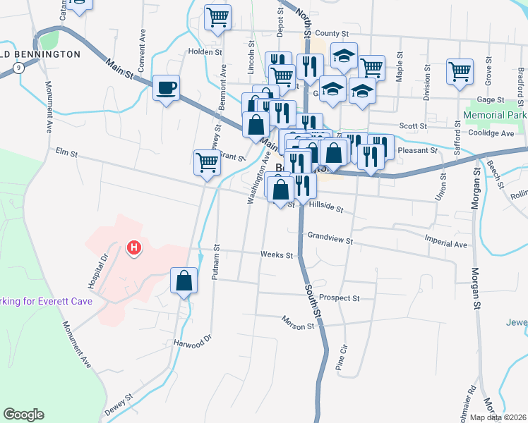 map of restaurants, bars, coffee shops, grocery stores, and more near 210 Washington Avenue in Bennington