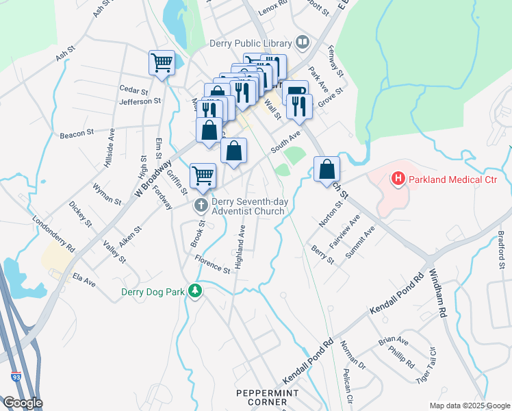map of restaurants, bars, coffee shops, grocery stores, and more near 5 Davis Court in Derry