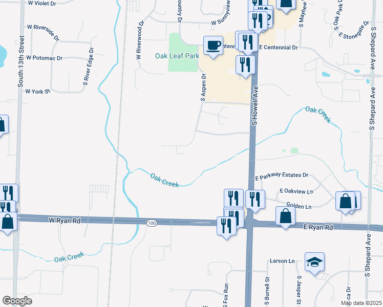 map of restaurants, bars, coffee shops, grocery stores, and more near 301 West Aspen Drive in Oak Creek