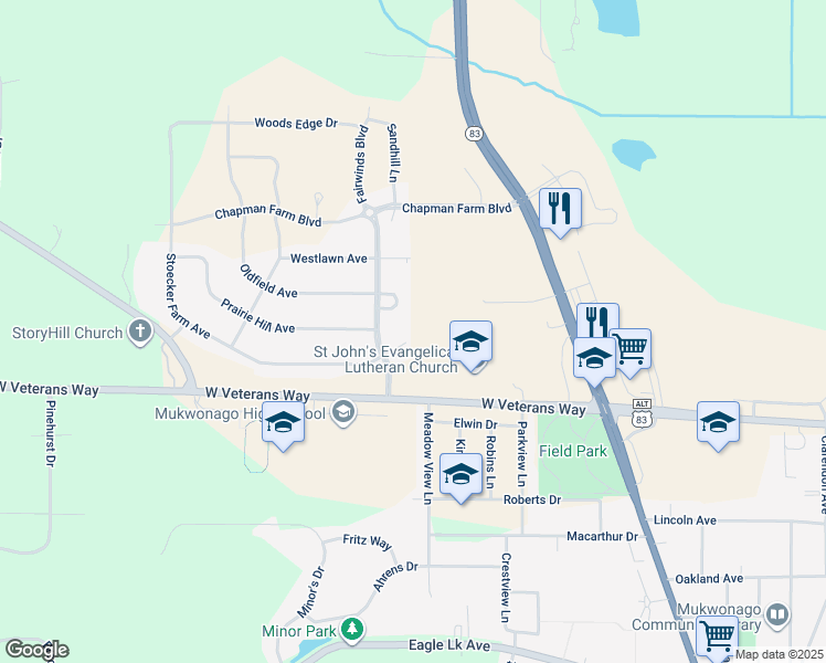 map of restaurants, bars, coffee shops, grocery stores, and more near 511 Stoecker Farm Avenue in Mukwonago