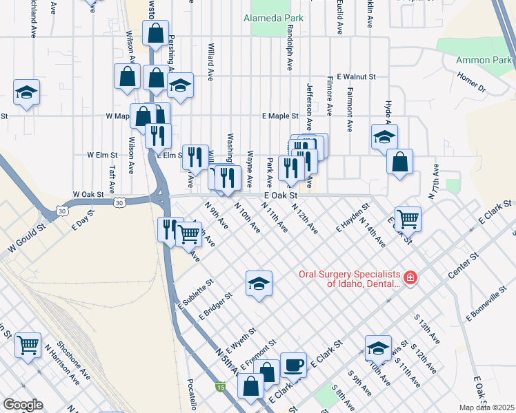 map of restaurants, bars, coffee shops, grocery stores, and more near 835 North 11th Avenue in Pocatello