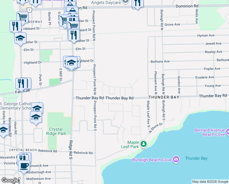 map of restaurants, bars, coffee shops, grocery stores, and more near Butternut Crescent in Fort Erie